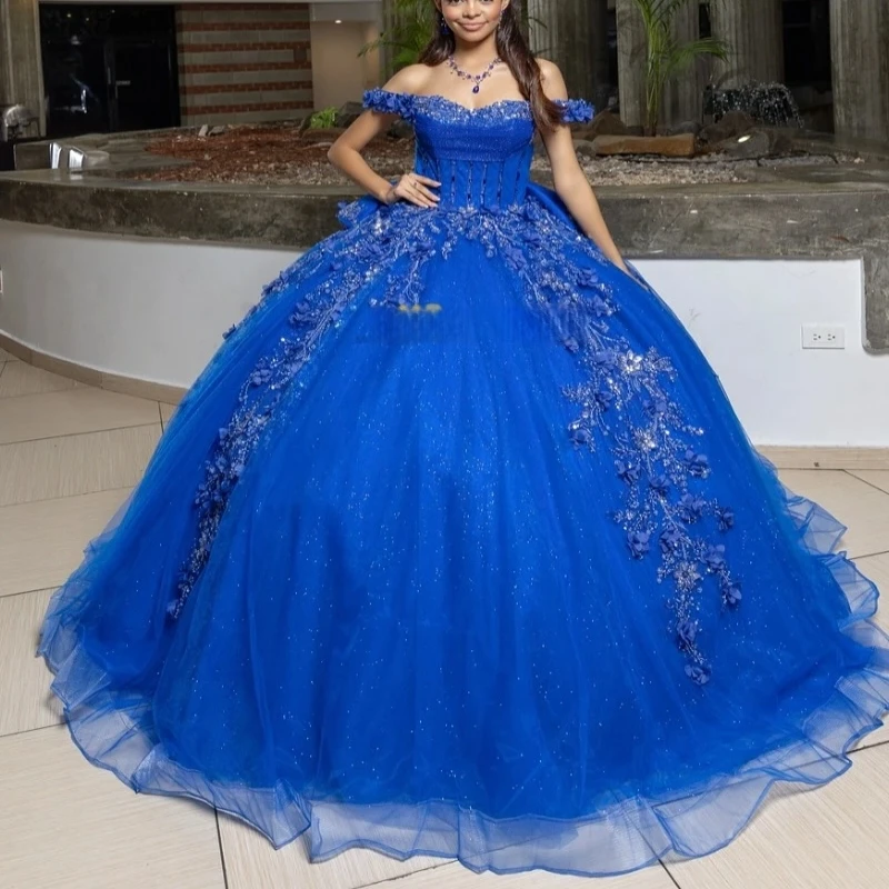 

Синие блестящие платья Quinceanera с открытыми плечами, аппликация, цветок, бисер, хрустальный бант, тюлевое платье для вечеринки, дня рождения, сладкое платье 16, Vestidos