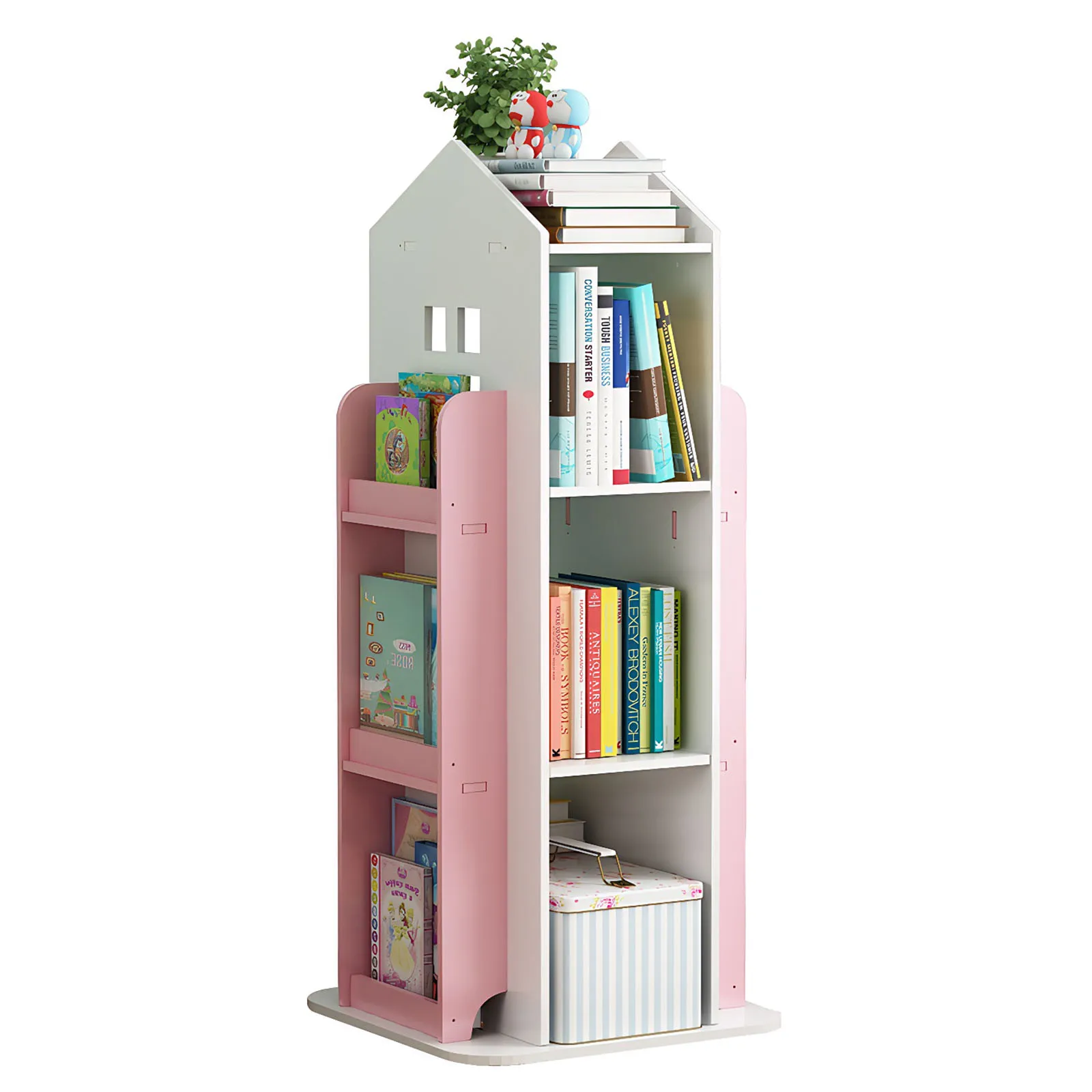 4-Tier Rotating Bookshelf, 360° Display Book Shelf, Floor Standing Bookcase, Children's Bookshelves for Bedroom, Living Room, Study Room ( PINK Color )