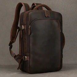 Vintage Crazy Horse Leather Men's Backpack Cowhide Rucksack Large Classic Travel Backpack Big 15.6 