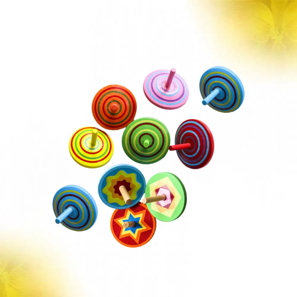 

10 Pcs Rotating Small Spiral Toys Wooden Kids Tops Bright Color Pattern Friendly Building Blocks