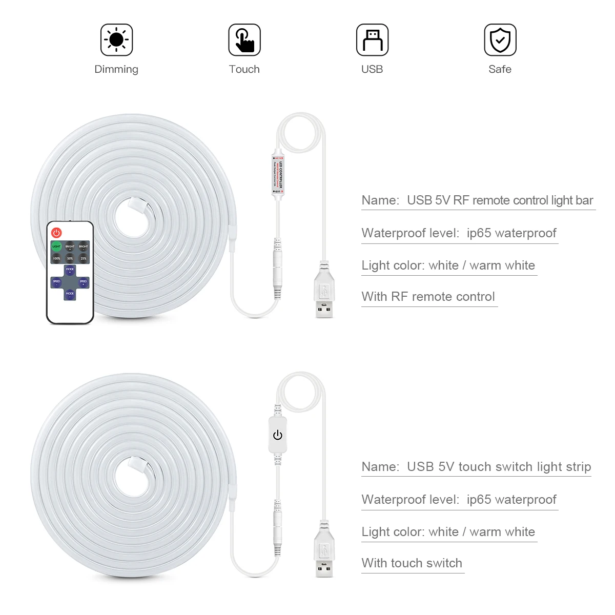 USB DC 5V LED Neon Cabinet Strip Light - Dimmable with RF Remote & Touch Sensor Switch Kitchen Lighting Lamp Strip