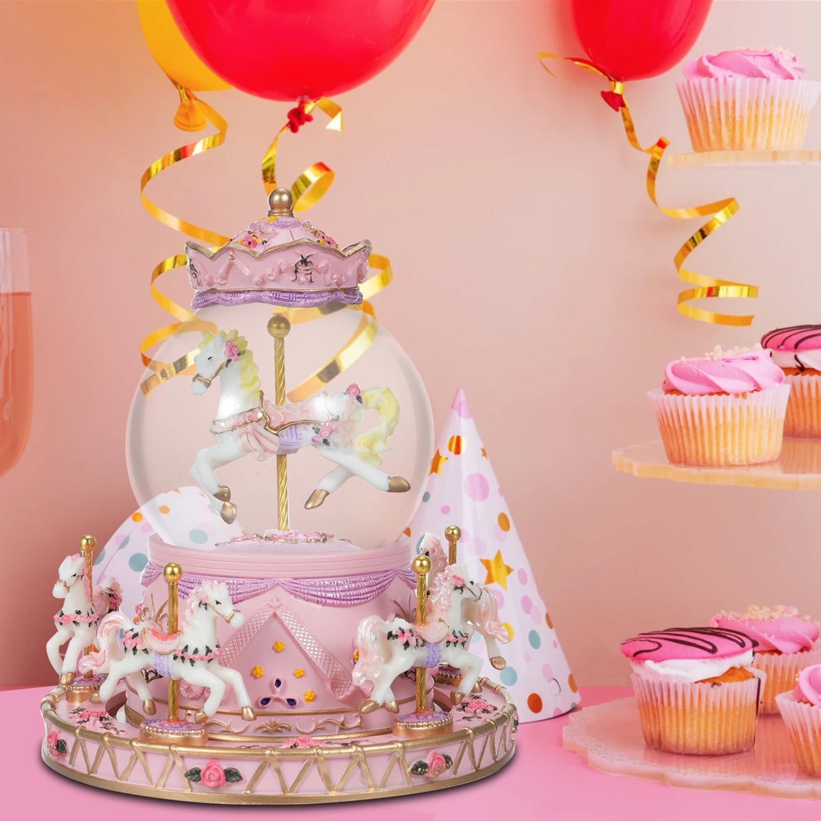 Rotating Carousel Music Box Crystal Ball Light-up Snow Globe Wind-up Musical Box Colorful Lights Cute Little Horses Girls Gift