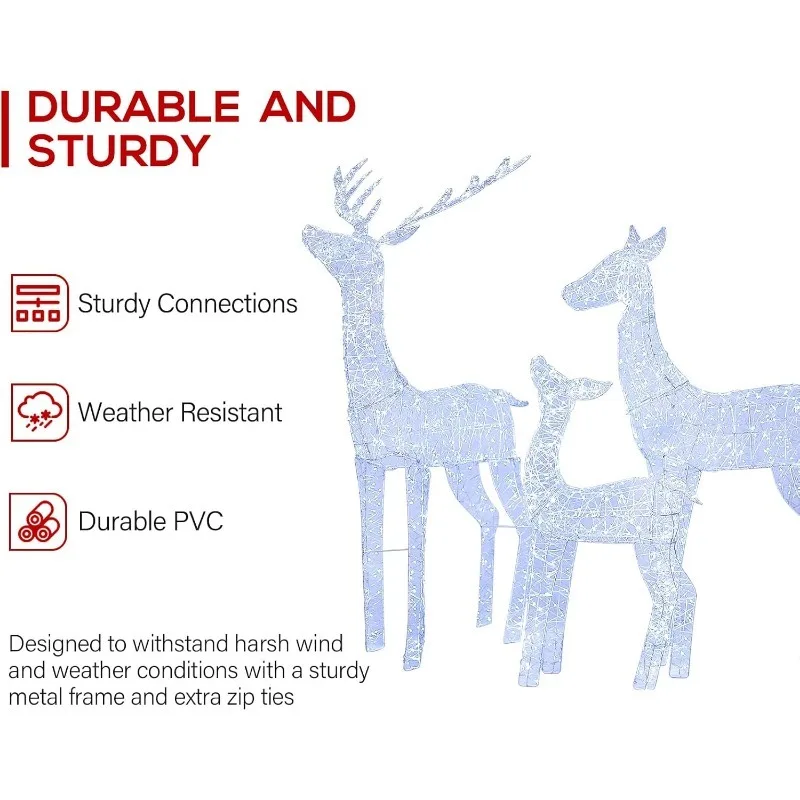 عائلة رنة عيد الميلاد الخارجية المضاءة ثلاثية الأبعاد بطول 4.5 قدم، 1 660 مصباح LED أبيض، أوتاد أرضية، ربطات عنق بسحاب لتزيين العطلات