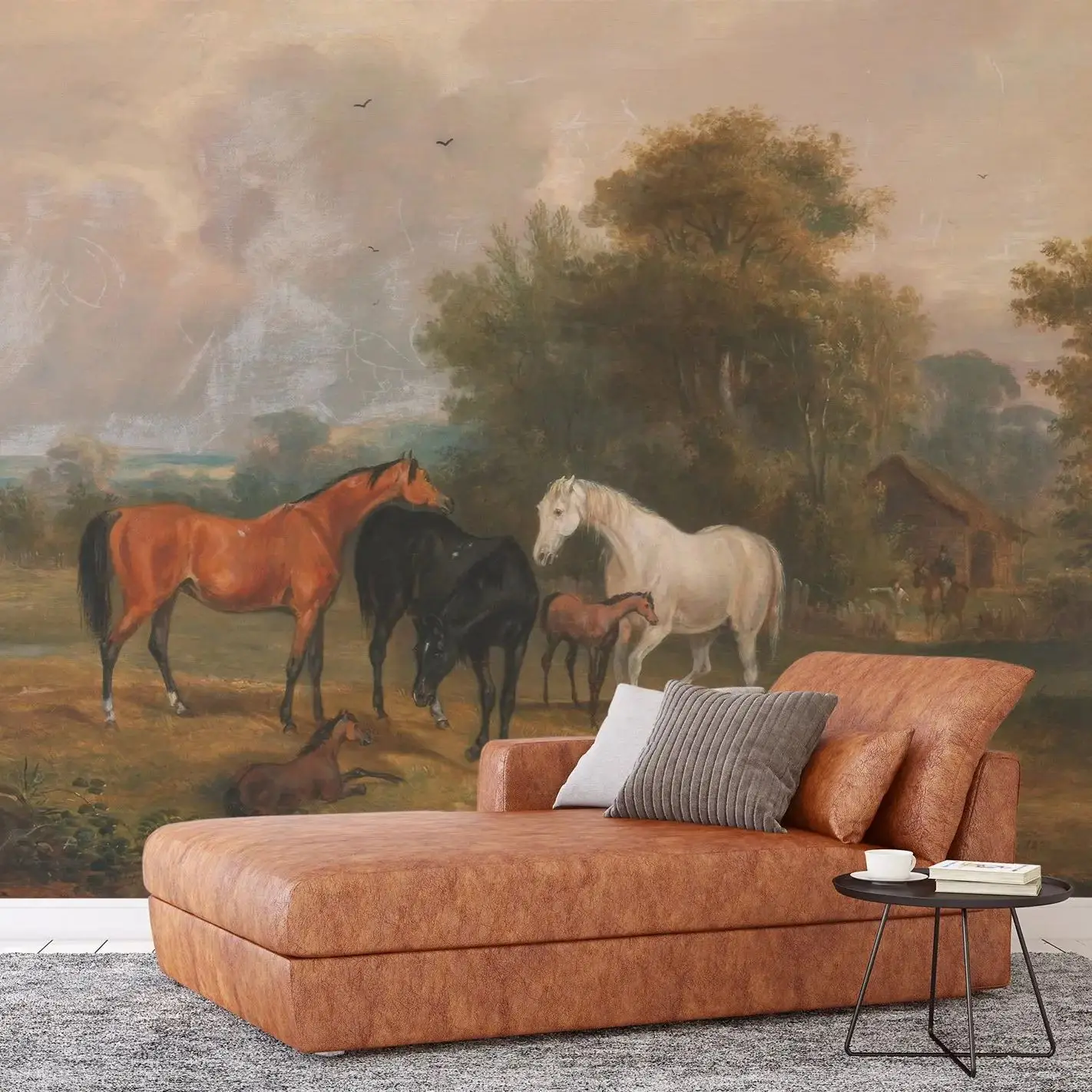Vintage Scenic Wall Mural,Landscape With Horses, Vintage Art Wallpaper For Home Decoration,Tradition Un-paste Regular Wall Mural