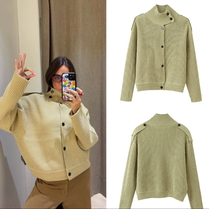 Women's Casual Chic Outfit High-end Knitted Cardigan Green Ribbed Knit For Women High Neck Button Up Sweater Jacket Fashion IATJ