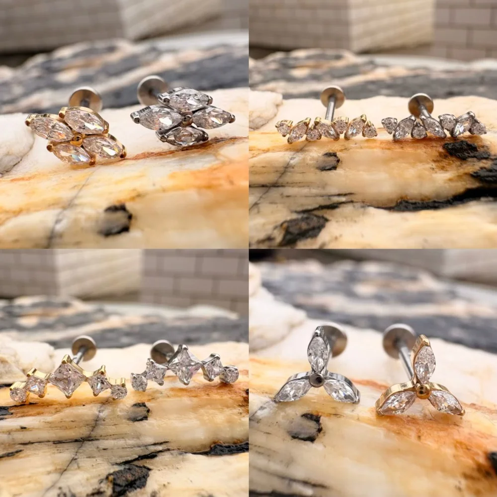 16G Implant Grade Titanium ASTM F136 Internal Thread Labret Stud Bezel gold Setting CZ Cluster Cartilage Daith piercing Jewelry