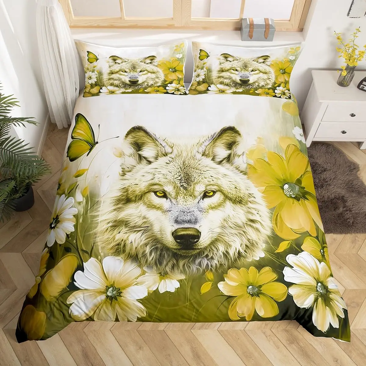 Teen Boy Grey Wolf Bedding Set Queen Starry Sky Nebula Comforter Cover Space Wolf Duvet Cover Hippie Woodland Animal Quilt Cover