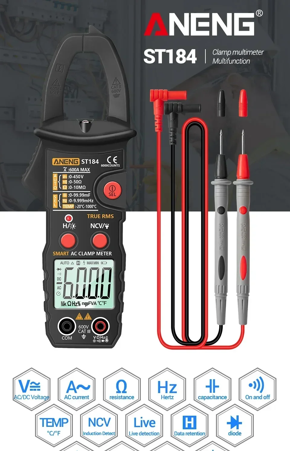 ANENG ST184 True RMS Zangenamperemeter Digitales Multimeter AC DC Spannung Strom Widerstand NCV Induktionsdetektor für Elektriker – Detail 1