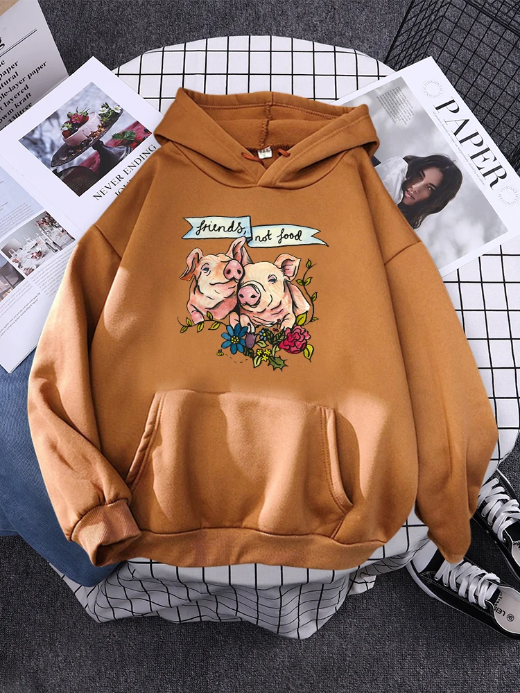 Friends, Not Food Pig Veggie Vegan Illustration Women Hoody Simple Loose Sportswears Casual Streetwear Casual Hooded Female Tops