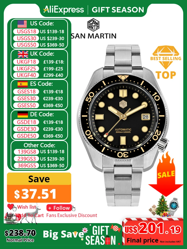 San Martin 2023 New 44mm Vintage MM300 Men Diving Watch NH35 Gilt Dial Automatic Mechanical Sapphire Waterproof 300M C3 Reloj