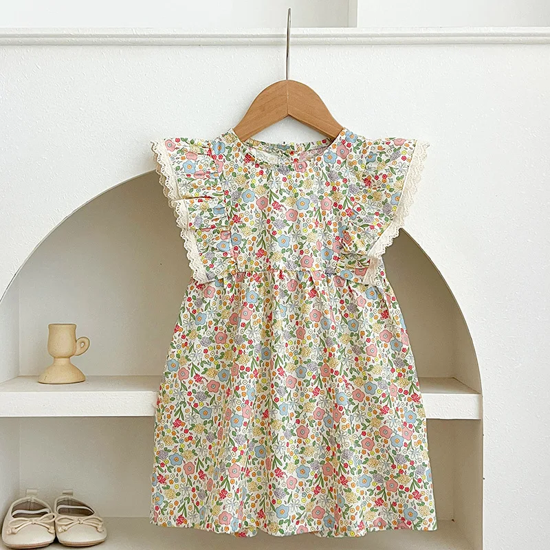 Girls Summer Floral Dress Flutter Sleeve Sleeveless Cute Princess Dress for Toddler Baby Girls Soft Breathable Casual Outfits