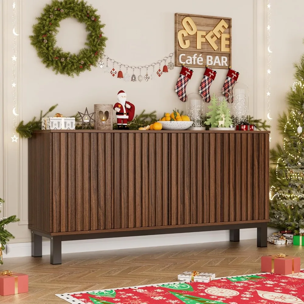 

63" Buffet Cabinet with Storage, Large Kitchen Sideboard with 4 Fluted Doors, Mid Century Modern Accent Credenza Storage Wood Ca