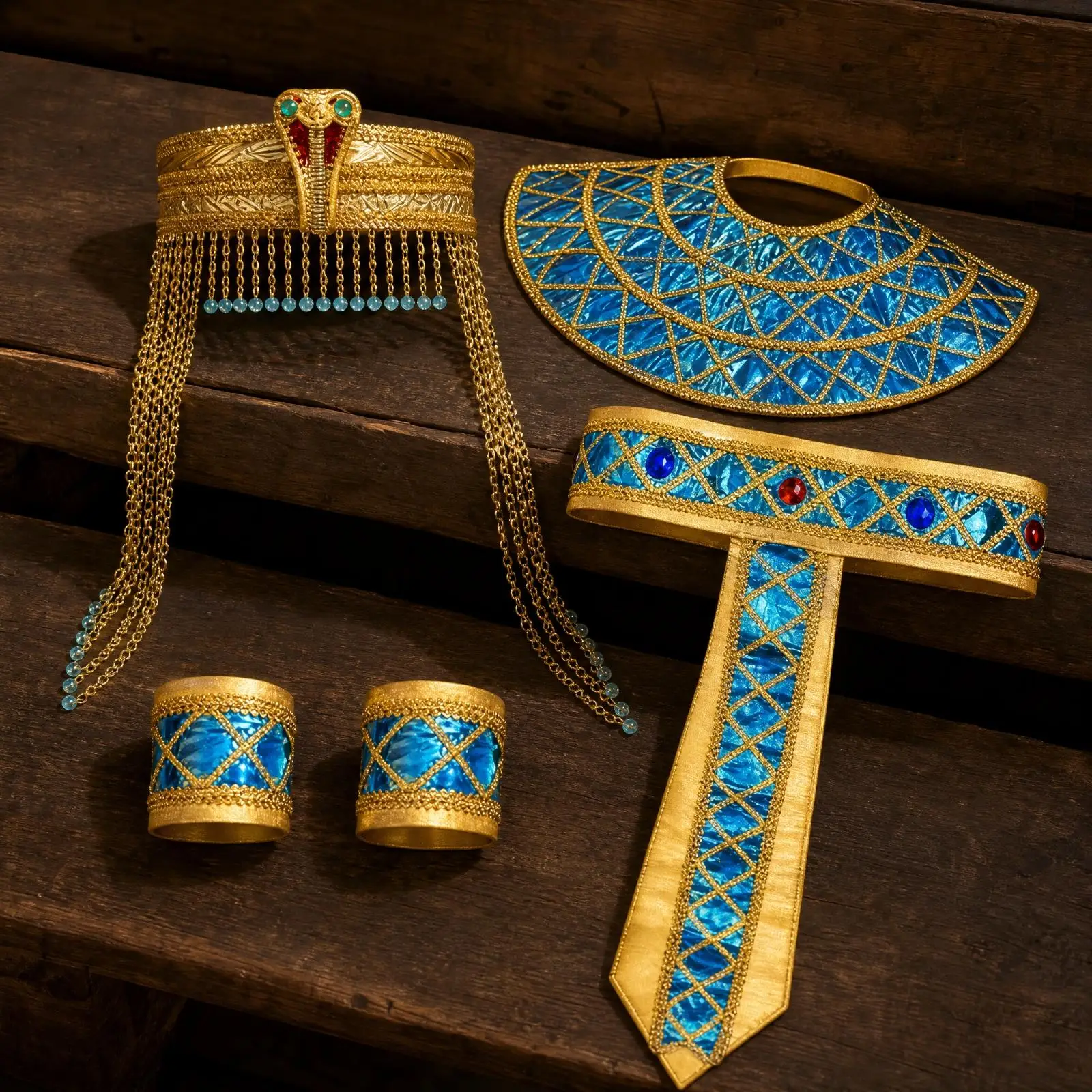 Pharaonic-Style Costume Accessory Ensemble with Geometric Patterned Blue and Gold Pharaonic Costume Accessory Kit Decorative for