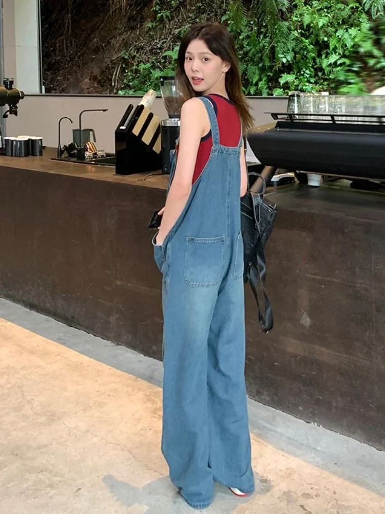 Women Jumpsuits Korean Style Lovely Schoolgirls Vintage Denim Wide Leg Mopping Spring Autumn New Fashion Baggy Casual Trousers