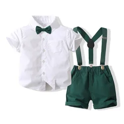 0-4Y Toddler Baby Boys 2PCS Gentleman Outfits Set Short Sleeve Button Down Shirt with Suspender Shorts Pockets Kid Clothes Set