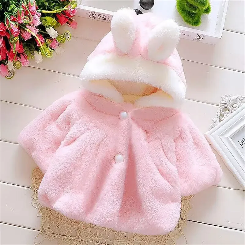 0-2 Years Toddler Girl Coats Baby Jacket Winter White Red Pink Baby Girls\' Sweater Ears Hooded Infant Solid Color Plush Coat