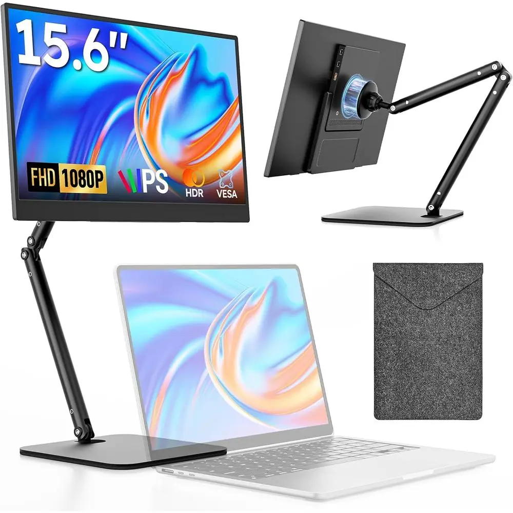 15.6 HD 1080P Portable IPS Monitor with Foldable Stand and Carry Case, Compatible with USB-C Devices, Laptops, PS4/5, Switch