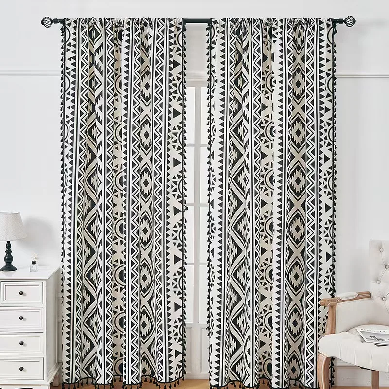 

1 pc Black And White Geometric Print Cotton Linen Kitchen Curtains for Bedroom/Living Room
