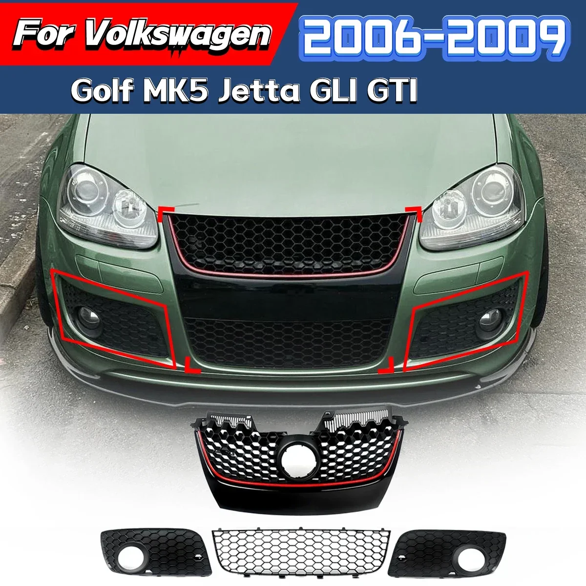 For Volkswagen Golf MK5 Jetta GLI GTI 2006 2007 2008 2009 4 Pcs Front Bumper Lower Honeycomb Mesh Grille Modification Body Kit