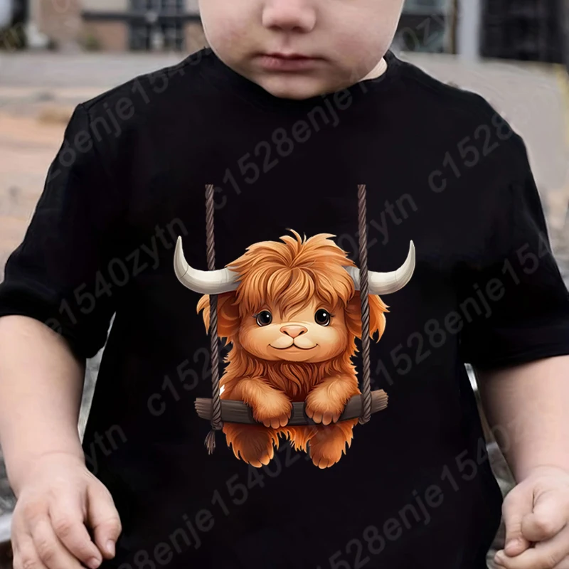 Highland Cow Graphic T-shirts For Children Boys Summer Short Sleeve Round Neck Tops New Fashion Kids Cute Solid Color Tee Shirts