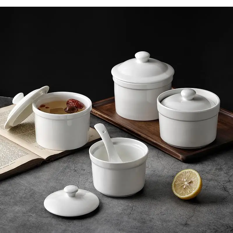 White, Ceramic with Lid, Steamed Egg Bowl, Soup Rice Dessert Hotel, Restaurant Bird's Nest Small Cup, Separate