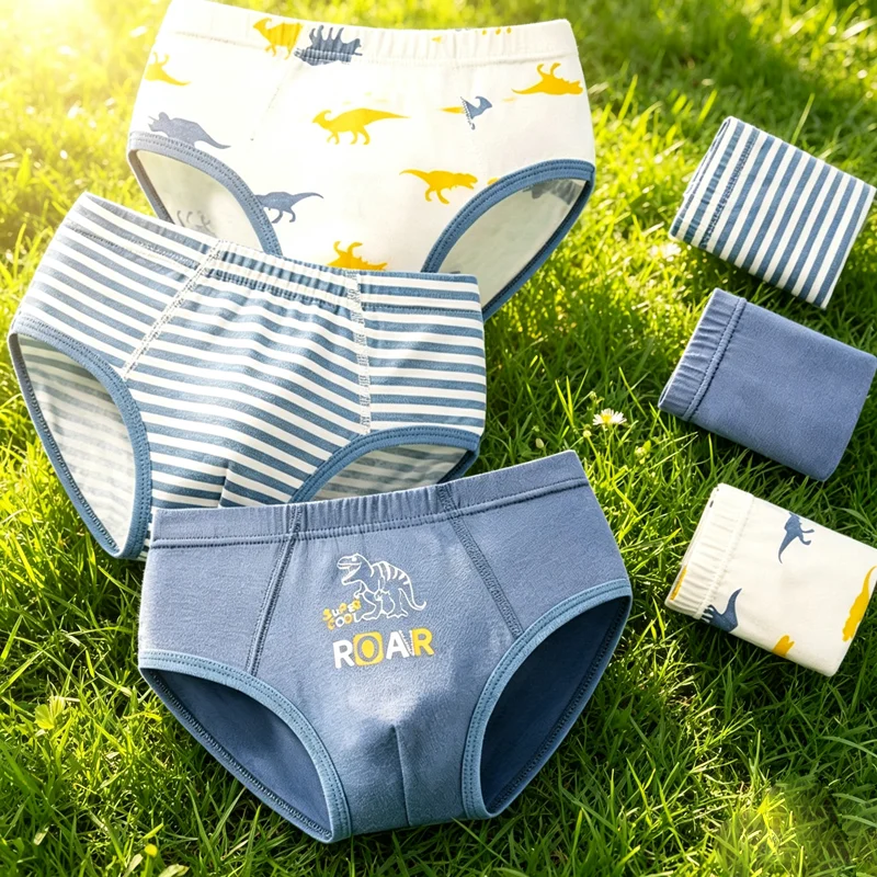 6Pcs/Set Kids Boys Underwear 95% Cotton Soft Briefs Cartoon Dinosaur Stripe Solid Breathable Children's Underpants 2-10 Years