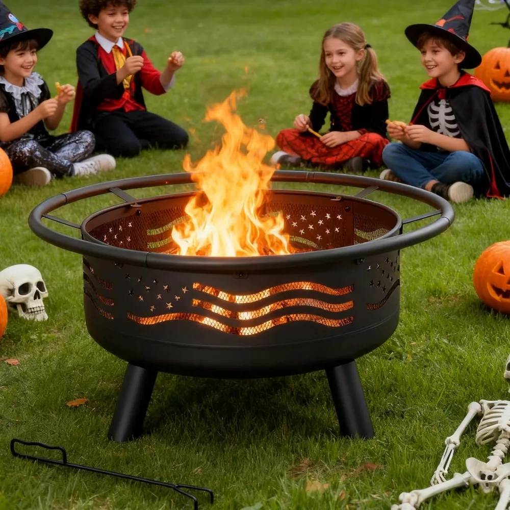 حفرة نار دائرية بعلم أمريكي مقاس 38 بوصة مع غطاء شبكي وبوكر، حفرة نار لحرق الخشب في الهواء الطلق والحديقة في الفناء الخلفي #4