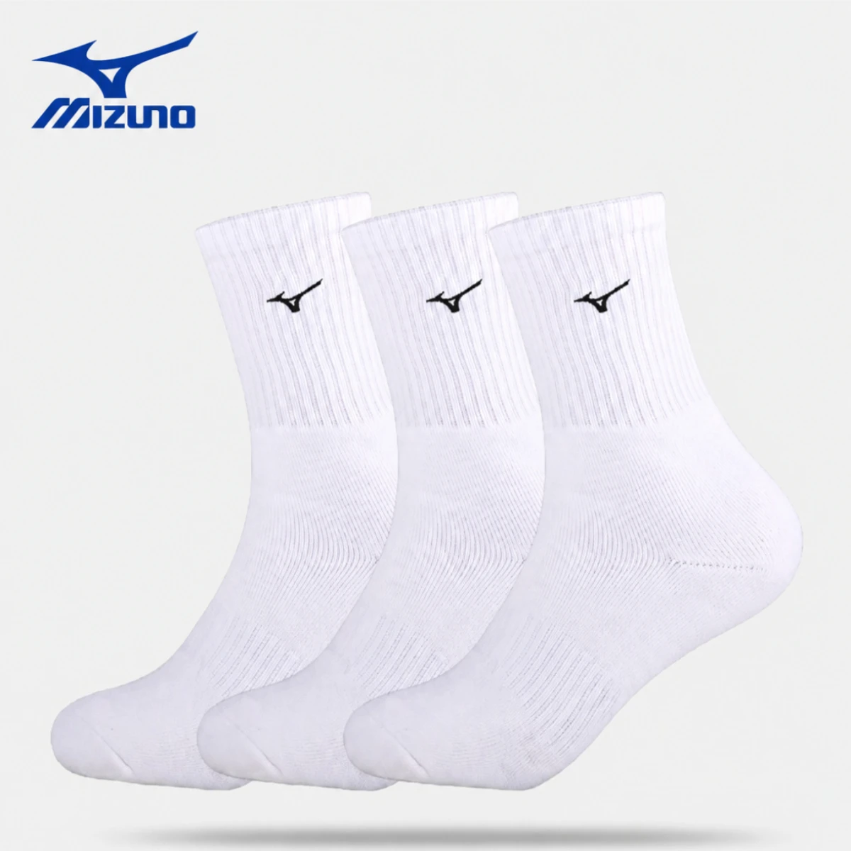 Mizuno Sports Socks Unisex Cushioned Cotton Crew Sock 3 Pairs For Golf Running Casual Wear Thick Sole Athletic Pouch Men Women