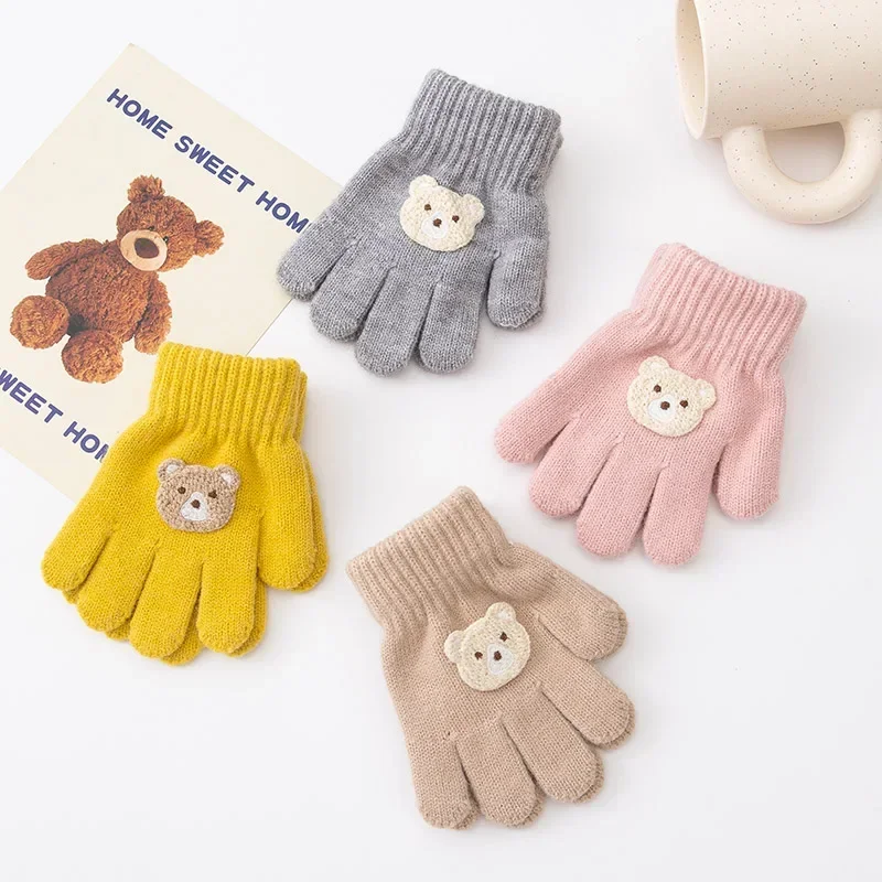 2-5 Years Kids Winter Knitted Bear Gloves Warm Full Finger Toddler Mittens Cute Cartoon Baby Boy Girl Gloves for Cold Weather