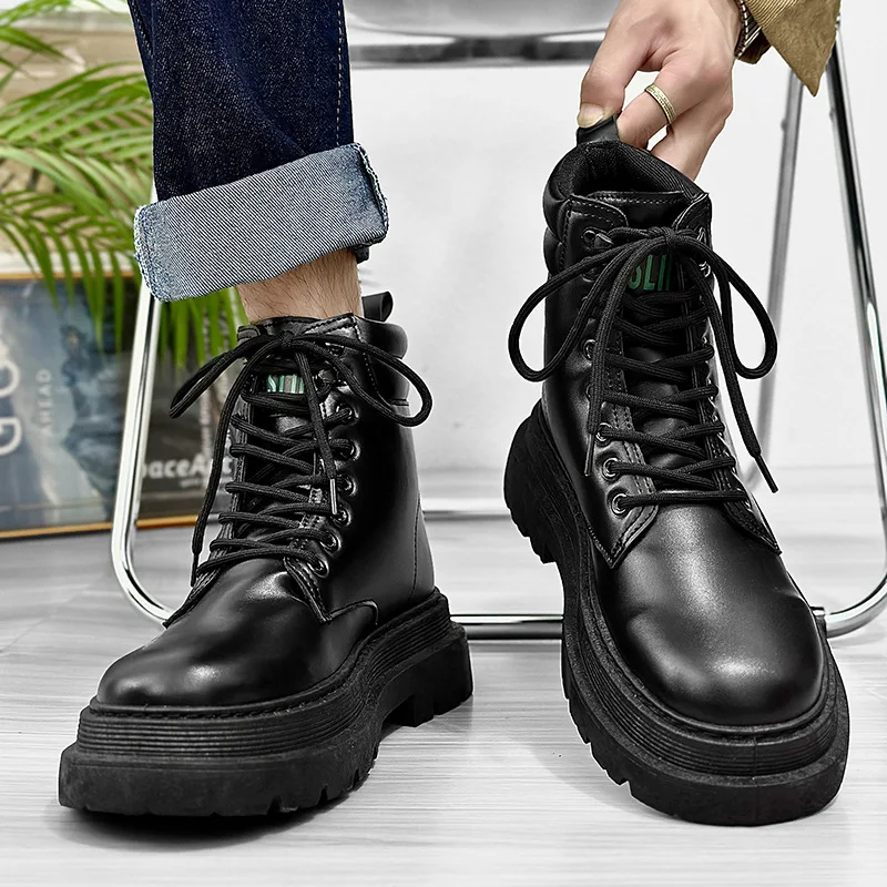 Autumn Man Fashion Work Boots Sneakers Round Toe Black Waterproof Casual Motorcycle Boots Versatile Platform Boots