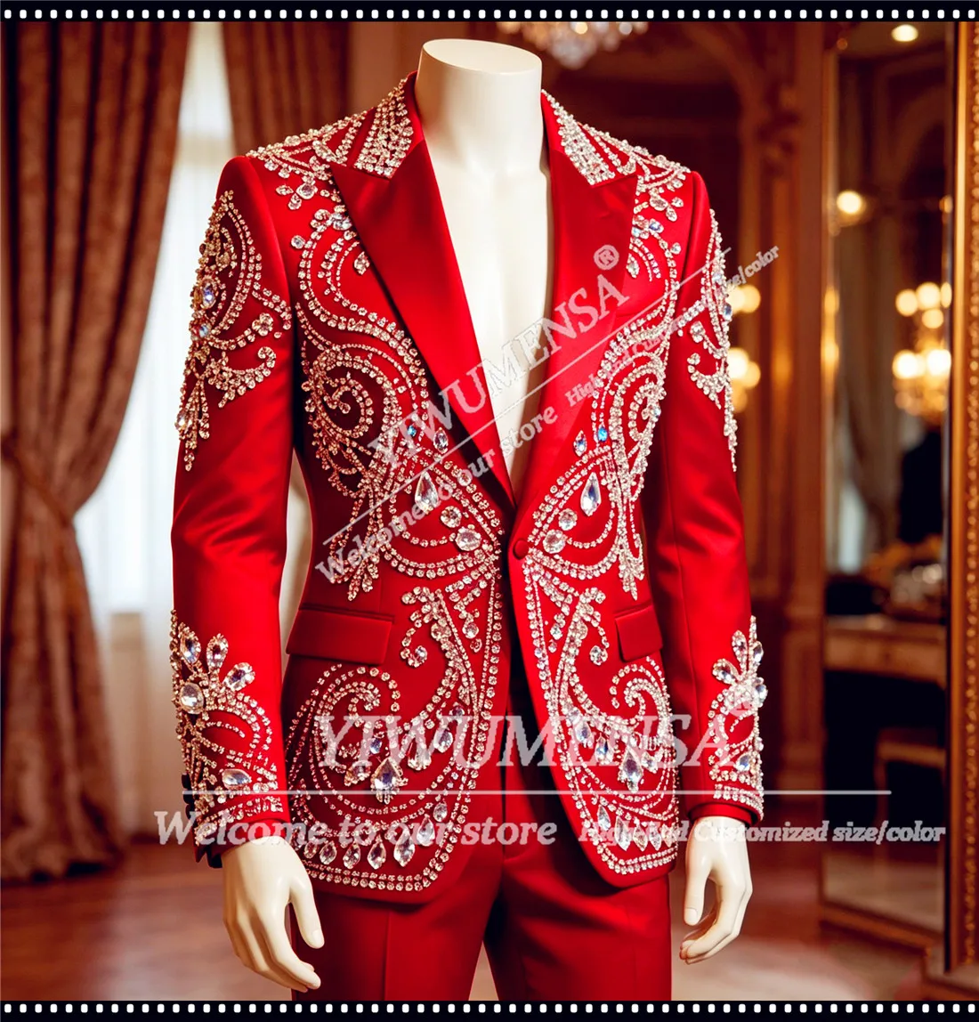 

Luxury Beaded Stones Suit Men For Wedding Single Breated Jacket Pants 2 Piece Sets Groom Tuxedos Customized Man Dinner Outfits