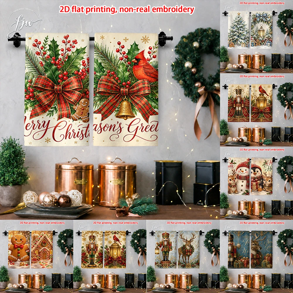2pcs Christmas Kitchen Towels Set of 2 Vintage Holiday Decorative Dish Towels for Xmas Winter Home Decoration