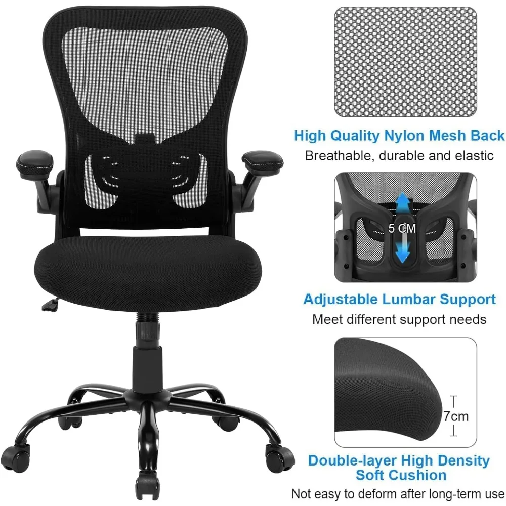 Chaise ergonomique en maille avec support lombaire réglable et accoudoirs rabattables, chaise de bureau pour ordinateur, bureau à domicile