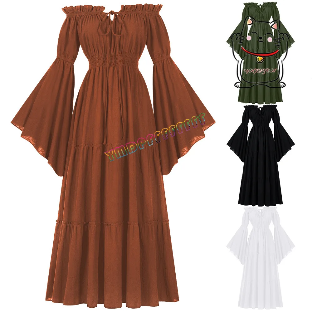 

In stock medieval one collar open shoulder lotus leaf edge cosplay long skirt long sleeved Renaissance and floor length skirt Ha