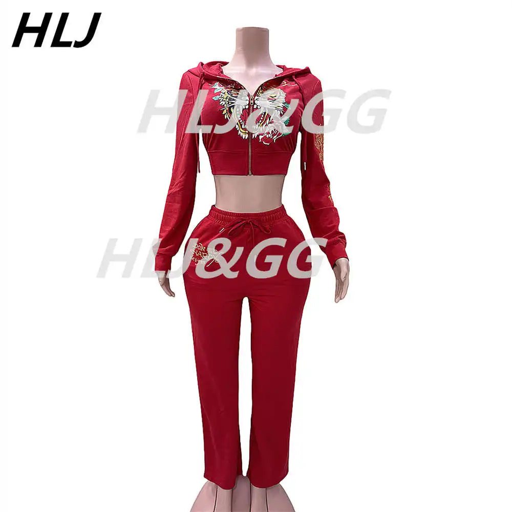 HLJ Y2K Fashion Pattern Print Two Piece Sets Women Zipper Hooded Long Sleeve Crop Top And Pants Outfits Autumn New 2pcs Clothing