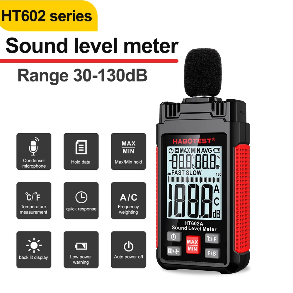 HT602 A/B Sound Level Meter Digital Handheld DB Meter Portable Noise Volume Measuring Gauge 30-130dB Decibels Mini Sound Meter