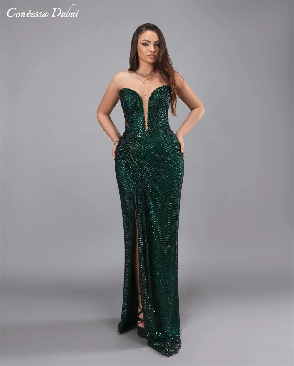

Contessa Dubai индивидуальное блестящее элегантное платье для выпускного вечера с глубоким v-образным вырезом без рукавов Vestidos de noche длиной до пола, торжественное вечернее платье