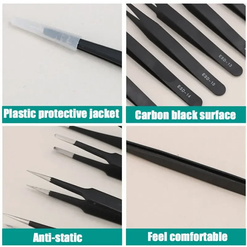 6PCS Precision Tweezers Set ESD Anti-Static Stainless Steel Tweezers Repair Tools for Electronics Repair Soldering Craft