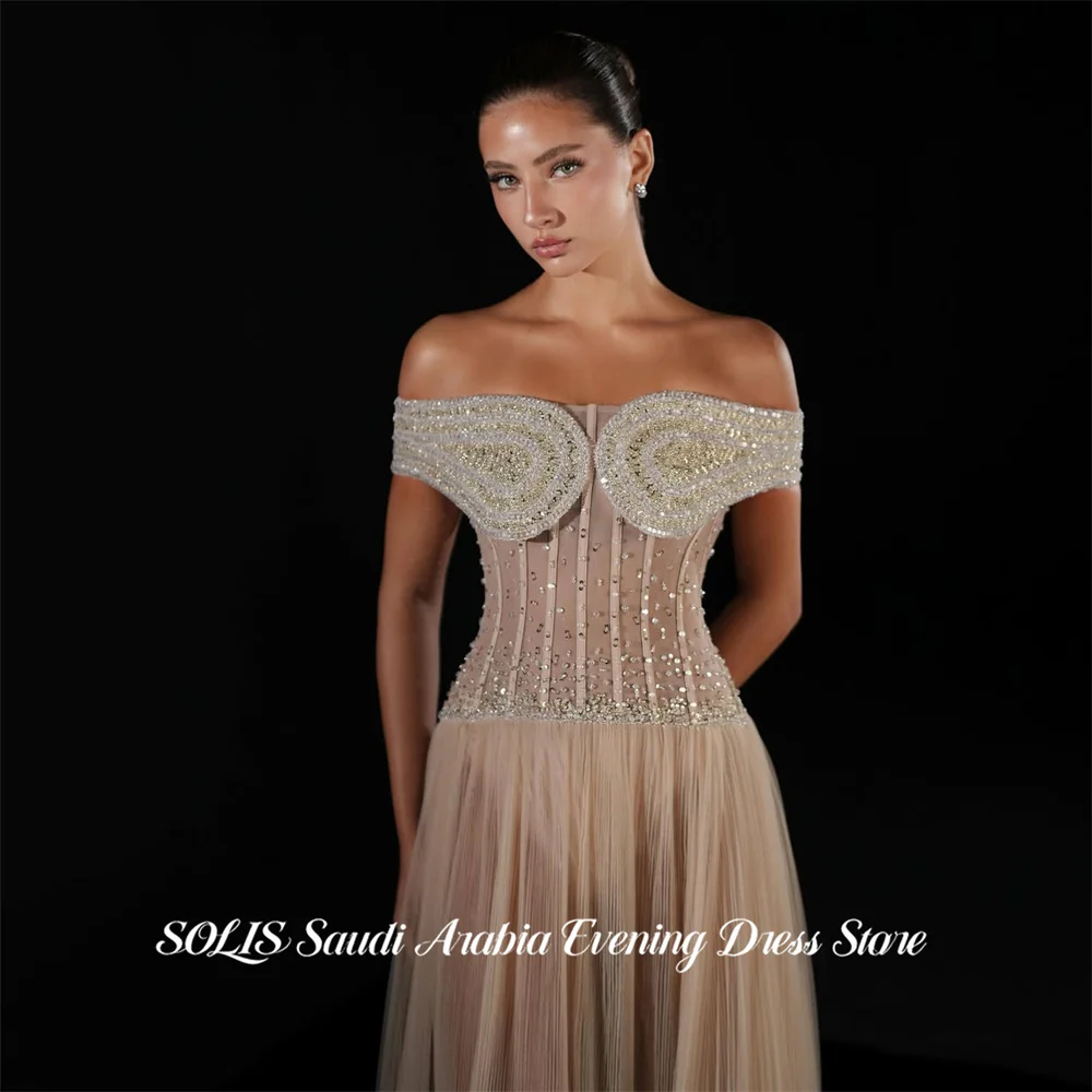 SOLIS Blush Pink Tulle Formal Gown Off the Shoulder Prom Dress Beading On Chest Evening Dress A Line Modern Style Customized