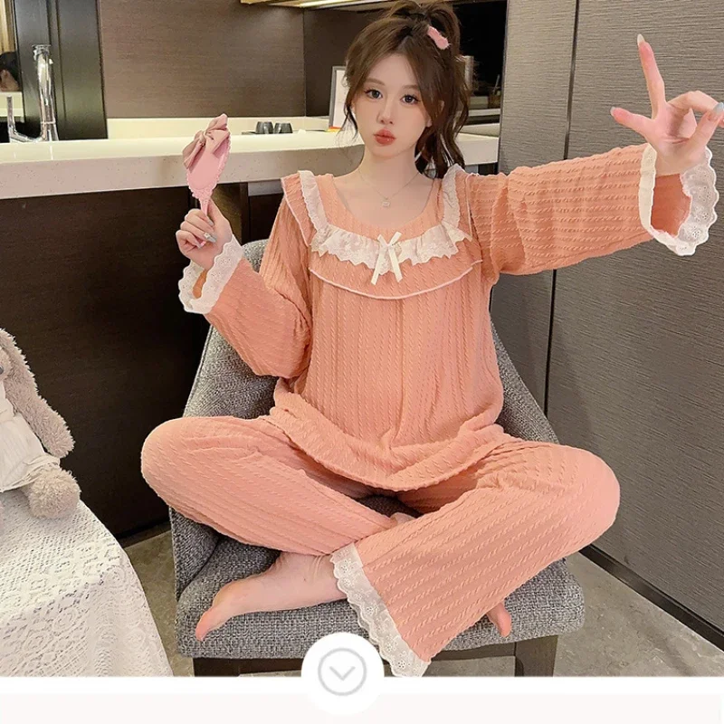 5XL Plus Size 2 Piece Set of Ladies Pajamas Loose Homewear Spring Autumn Cotton Long-Sleeved Trousers Solid Korean Sweet Outfits