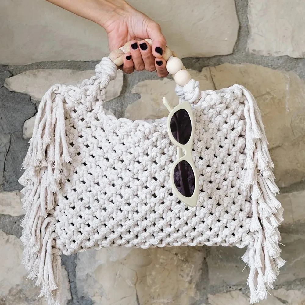 

Handmade Braided Bag for Women Boho Woven Handbag Summer Tassel Beach Tote Bag Three Size
