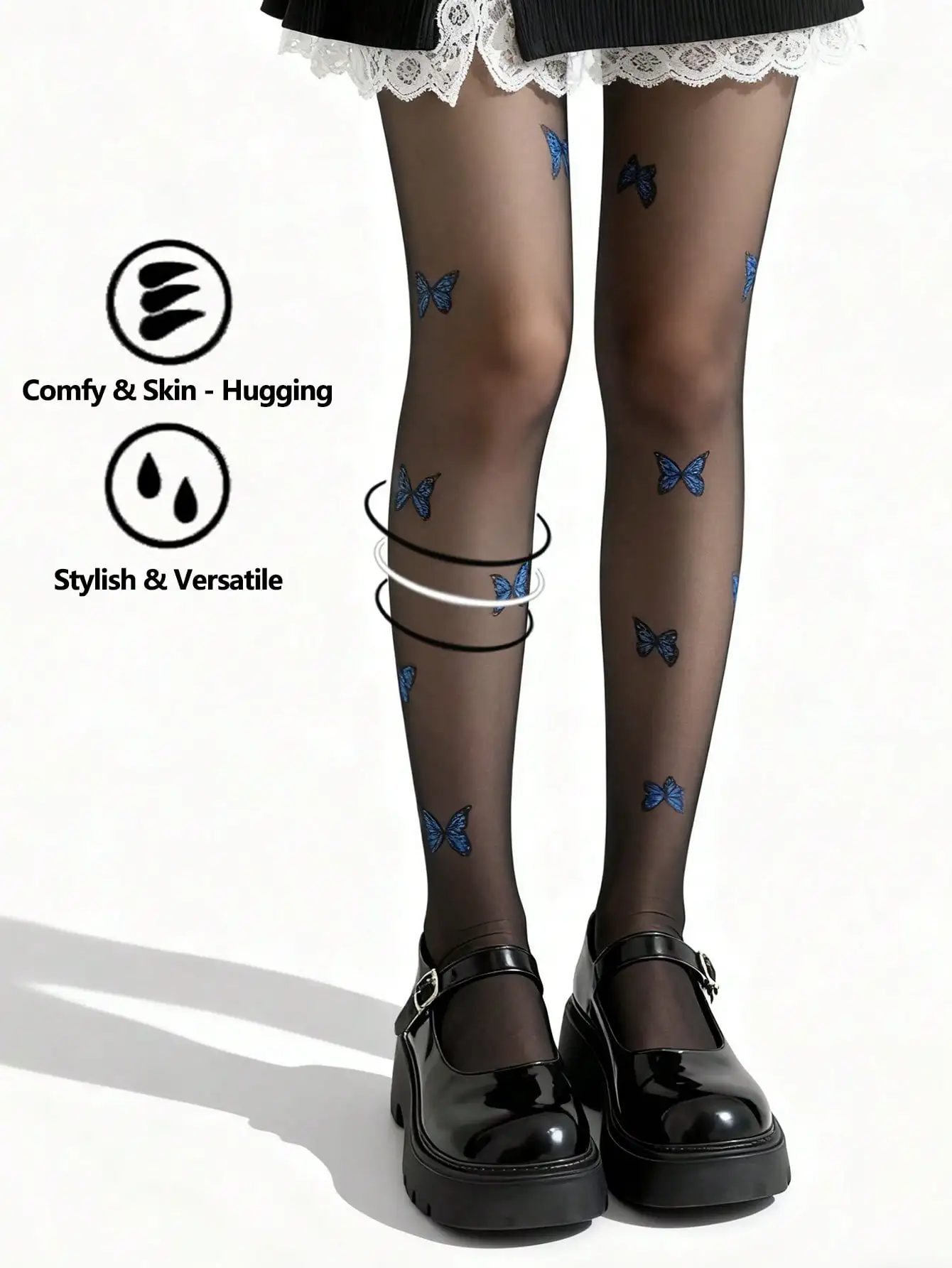 1-teilige neue blaue Schmetterlings-Seidenstrumpfhose für Damen, sexy schwarze Haut, ultradünne Strumpfhose