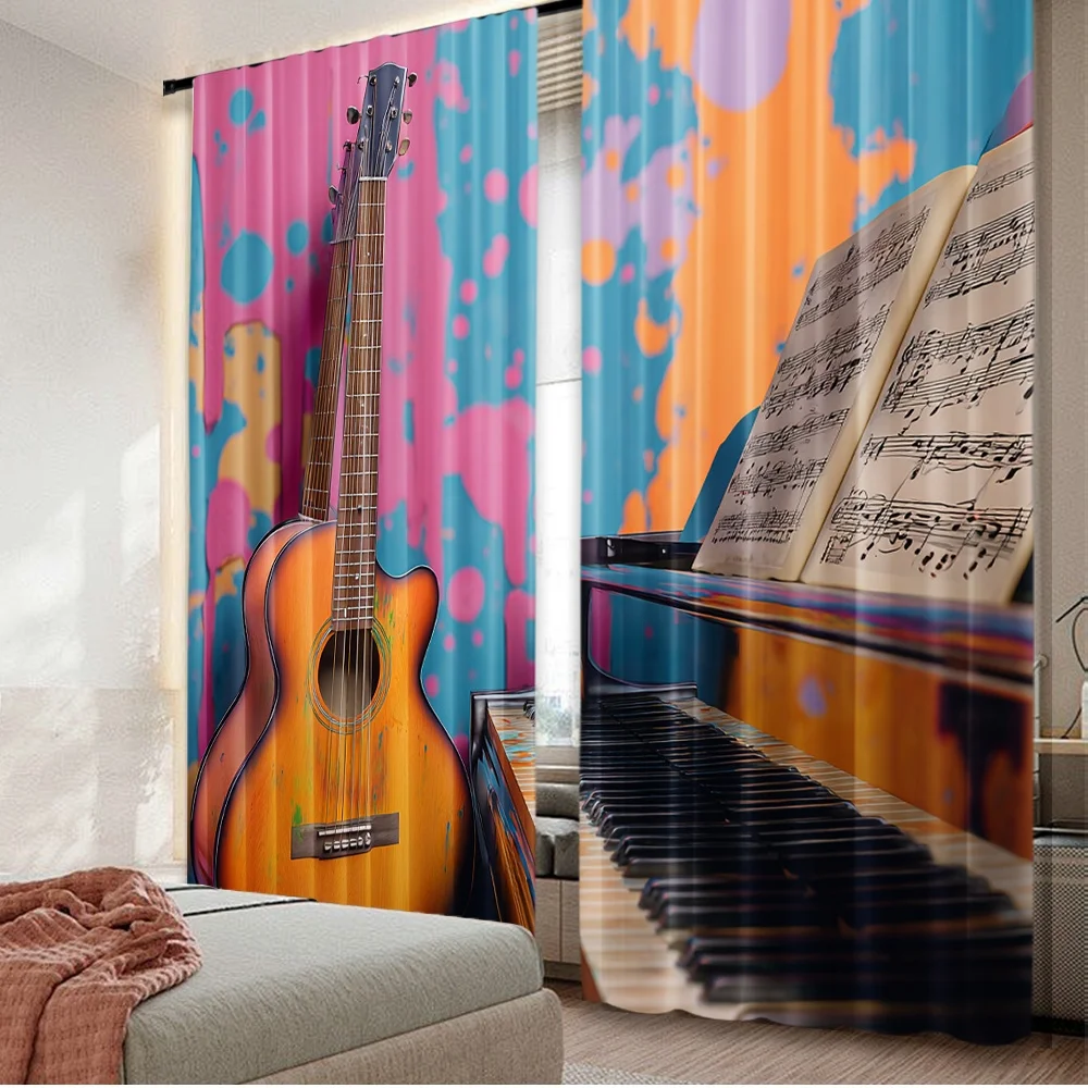 2D flat printing 2pcs Curtains Colorful Music Duo Digital Printed Polyester Drapes Family Party Decoration for Photo Booths &