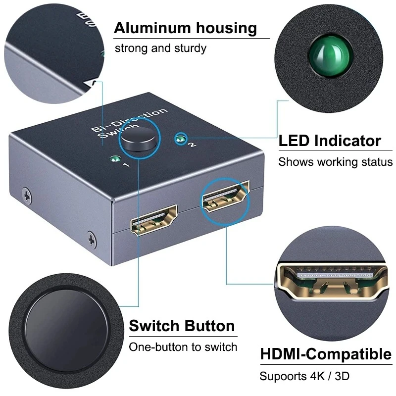 4K HDMI-compatible Switch Bi-Direction 2.0 Splitter 1x2/2x1 Adapter 2 in 1 out Converter for PS4 Pro/4/3 TV Box 4K Switcher
