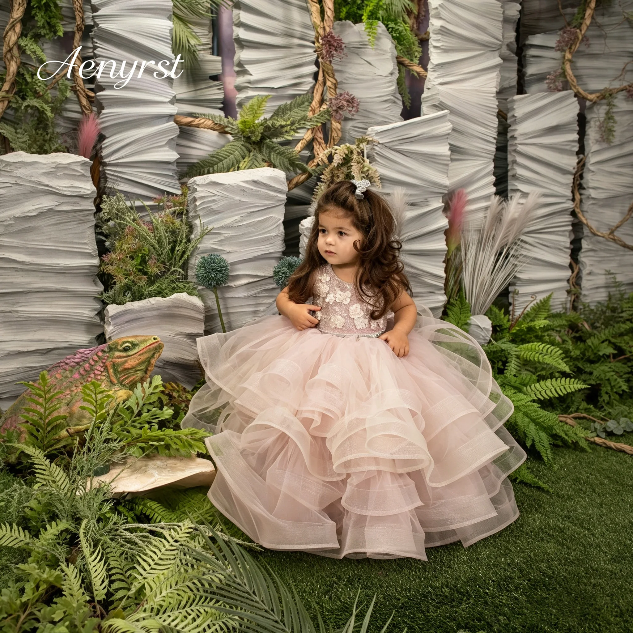 Pink Tulle Girls Party Gown Sleeveless 3D Floral Applique Open Back Multi‑Layer Ruffled Skirt For Kids Birthday Formal Gatherin