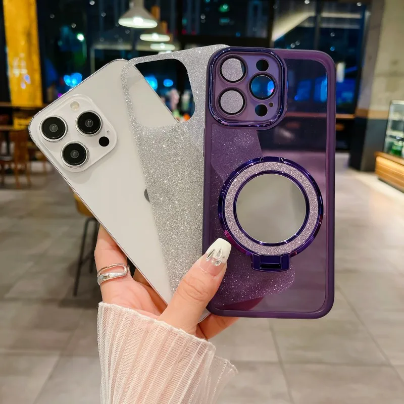 حافظة بحامل مرآة لامعة لهاتف OPPO Find X9 Pro Realme 15 Pro 14 13 C63 C61 C67 C55 C75 C71 عدسة الكاميرا غطاء فاخر ناعم وواضح