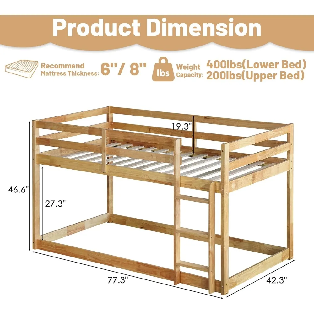 Bunk Bed Twin Over Twin,Wood Low Profile Floor Twin Bunk Beds with Ladder Guardrails for Kid Boys and Girls,No Box Spring Needed