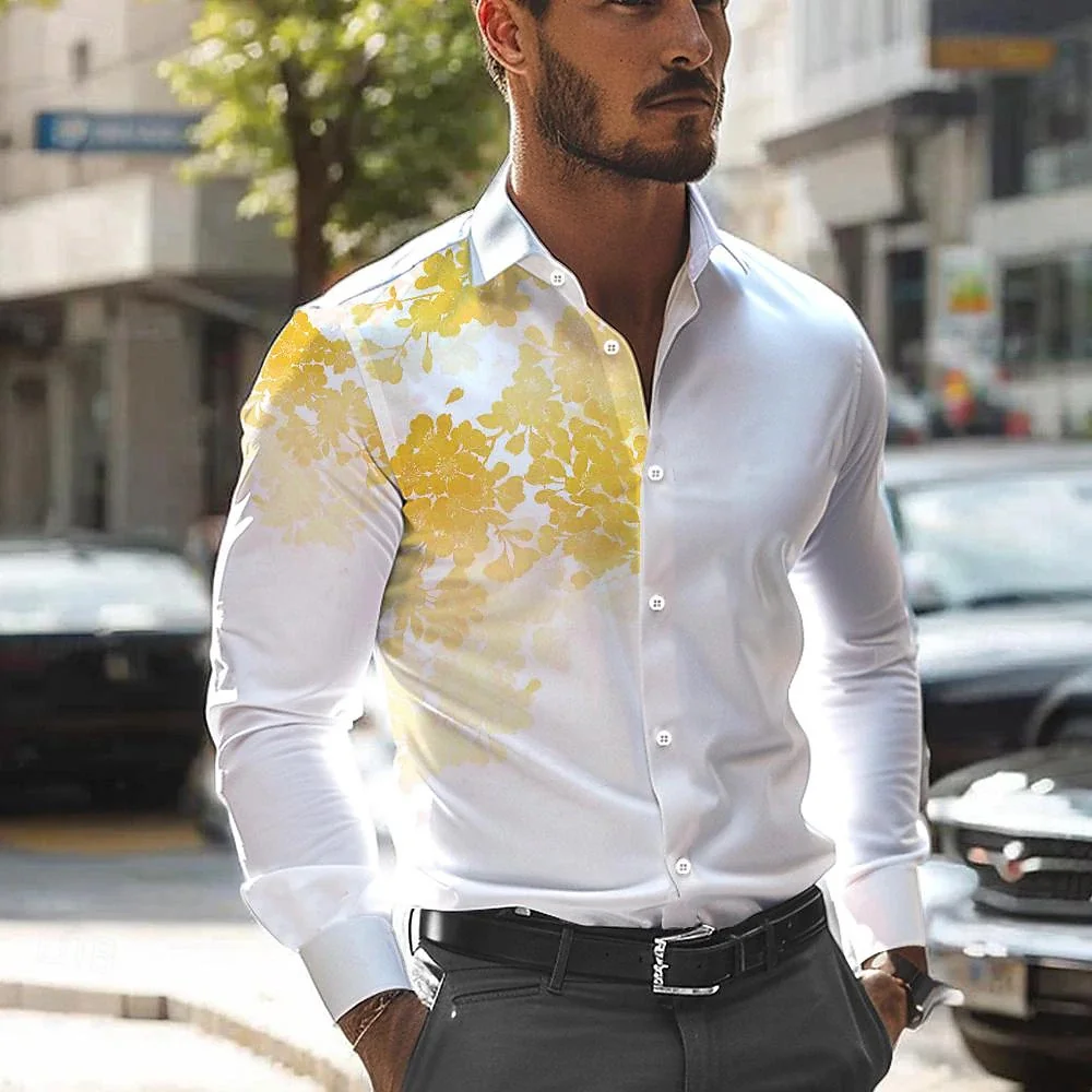 2024 New men's casual 3D printed shirt for daily wear, spring lapel long sleeved button up rose pattern shirt for outdoor wear