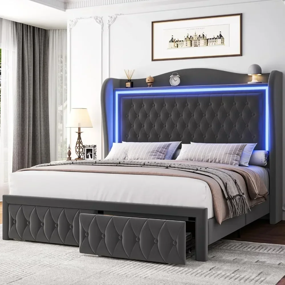 55 in Bed Frame, High Headboard LED Lights,Velvet Upholstery,2Storage Drawers, No Mattress Spring Required, Platform Bed Frame