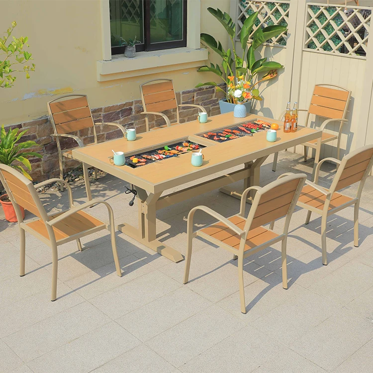 

Leisurer Aluminum Frame Restaur Outdoor Patio Balcony Modern Korean BBQ Grill Dine Table Set